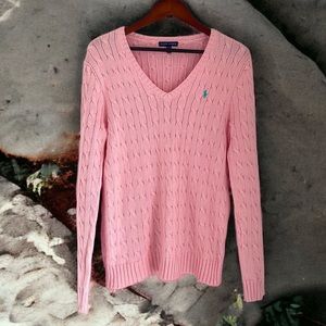 Ralph Lauren Pink Cable Knit Sweater Women’s Size XL V Neck BLUE LABEL